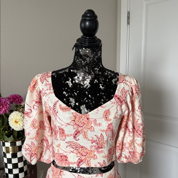 Express Tops - Express Floral Puff Sleeve Blouse - Pink and Cream